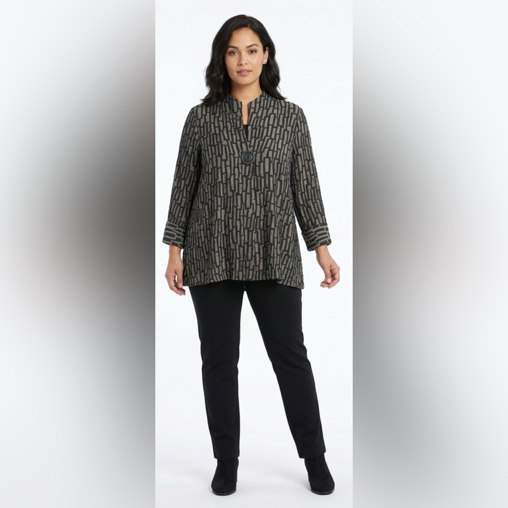 IC By Connie K Grey Black Textured Lagenlook Geometric One Button Jacket XL NWT